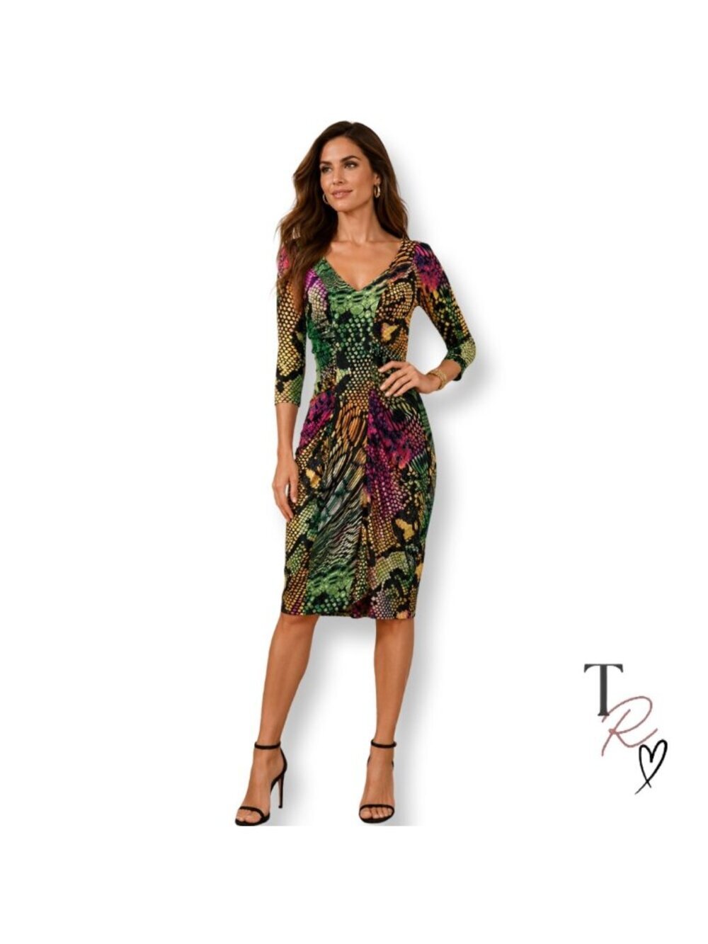 Boston Proper Bold Neon Snake Print Ruched Bodycon Midi Dress 3/4 Sleeve Size 8